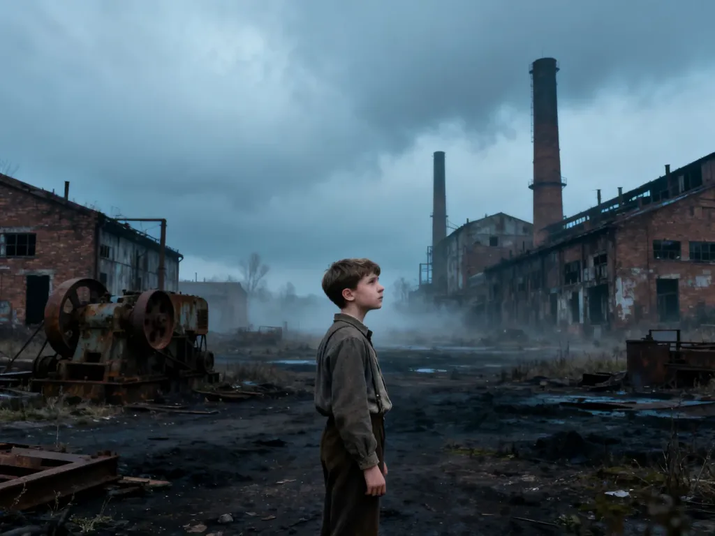 Chłopiec w stroju z połowy XX wieku stoi na tle opuszczonych fabryk i zamglonego, industrialnego krajobrazu.