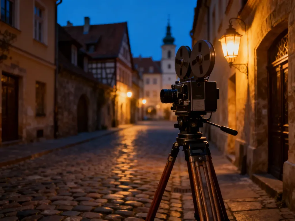 Zabytkowa uliczka starego miasta w świetle zachodzącego słońca z profesjonalną kamerą filmową na pierwszym planie.