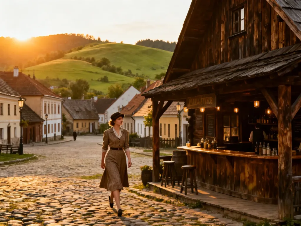Kobieta w stroju z lat 20. spaceruje po zabytkowym rynku z drewnianą zabudową, przypominającym scenerię filmu Znachor.
