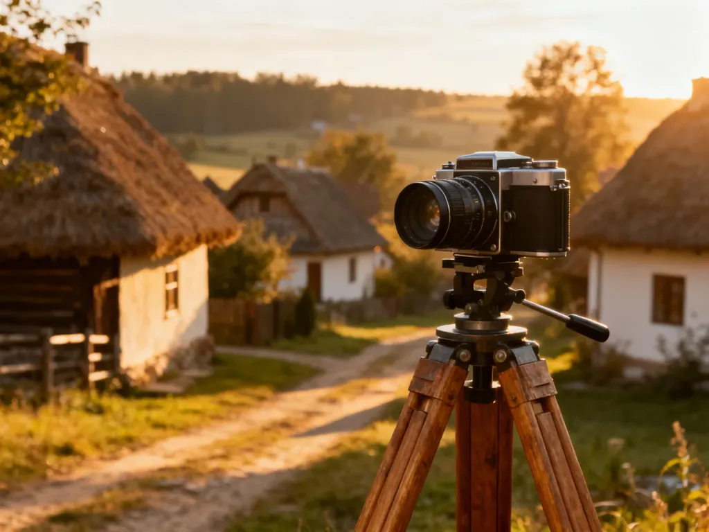Zabytkowa kamera filmowa na tle wiejskiego krajobrazu z tradycyjnymi chatami, nawiązująca do klimatu filmu Sami swoi.