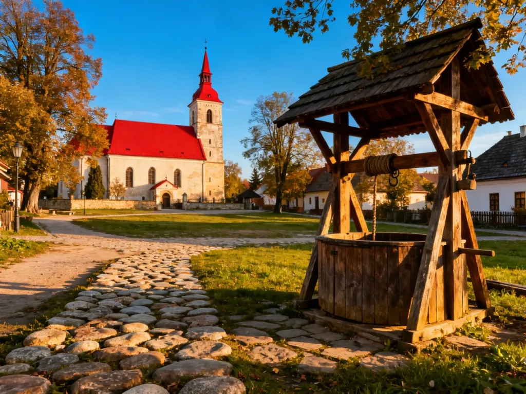 Malowniczy rynek wiejski z drewnianą studnią i zabytkowym kościołem w tle, przypominający scenerię serialu Ranczo.