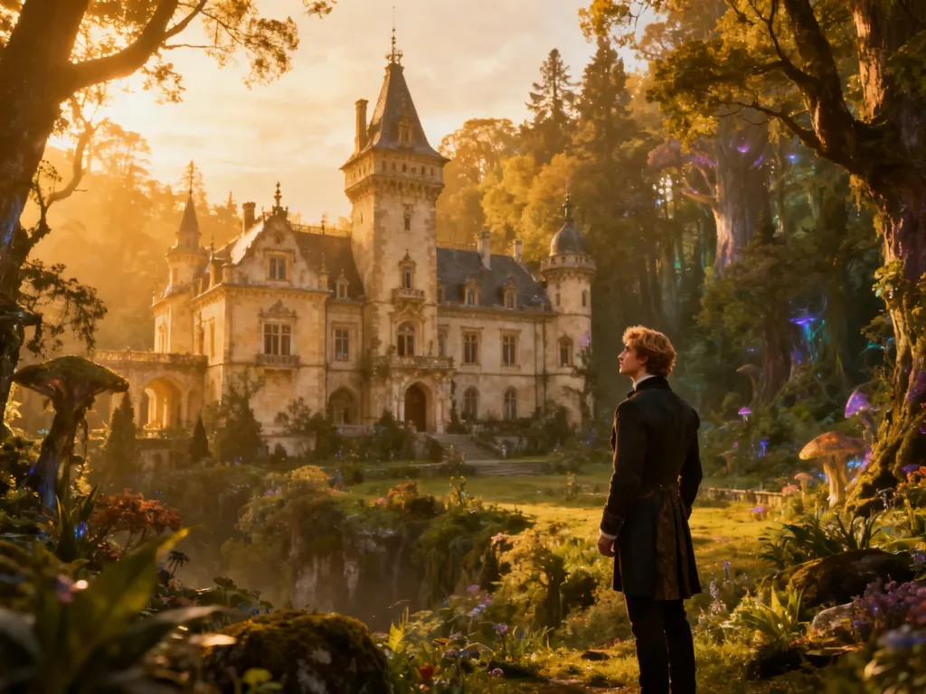 Mężczyzna podziwiający zabytkowy dwór otoczony magicznym lasem, który posłużył za plan filmowy Akademii pana Kleksa.
