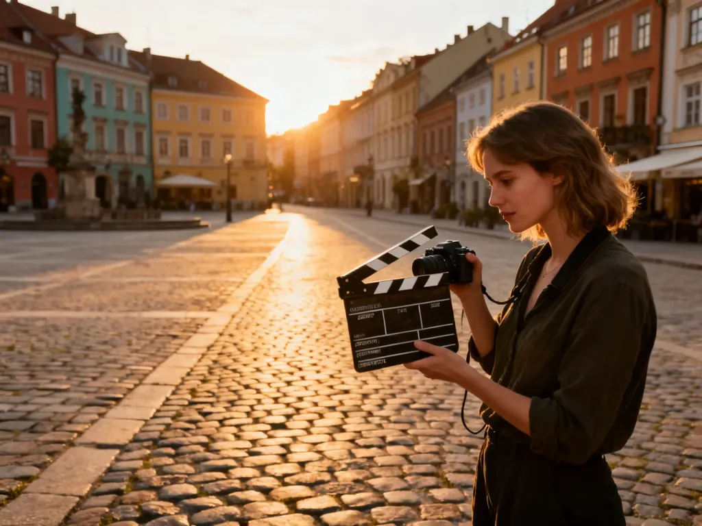 Kobieta z kamerą i klapsem filmowym na tle malowniczego rynku europejskiego miasteczka w świetle zachodzącego słońca.